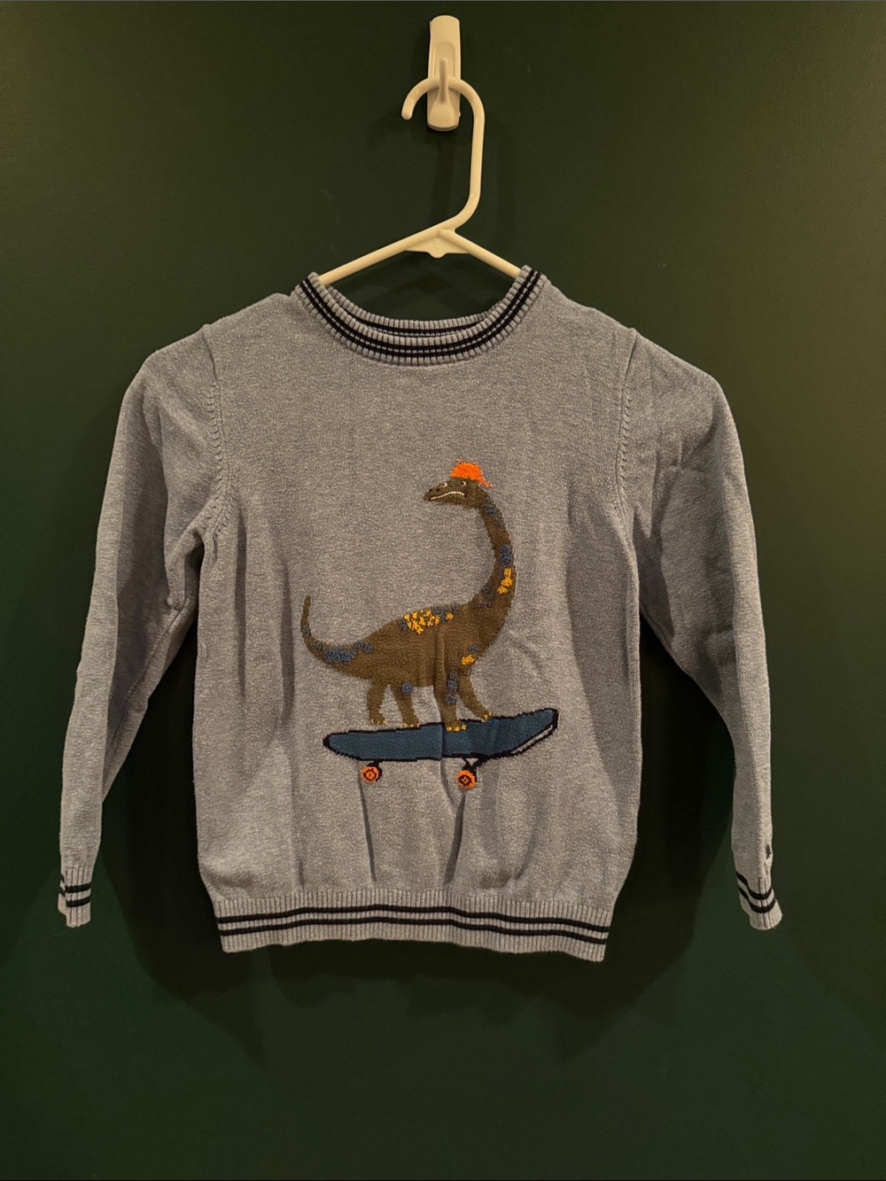 Joules Boys Dinosaur Skateboard Knit Sweater Size 7-8 Gray Skater Dino